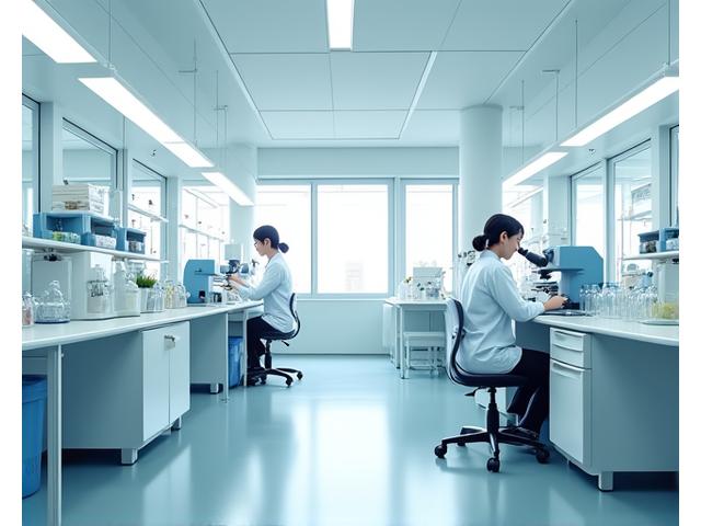 品質管理室の風景、精密機器が並びデータを記録するスタッフ