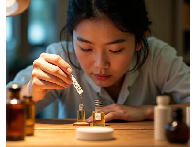 熱心に香りを調合する調香師のクローズアップ