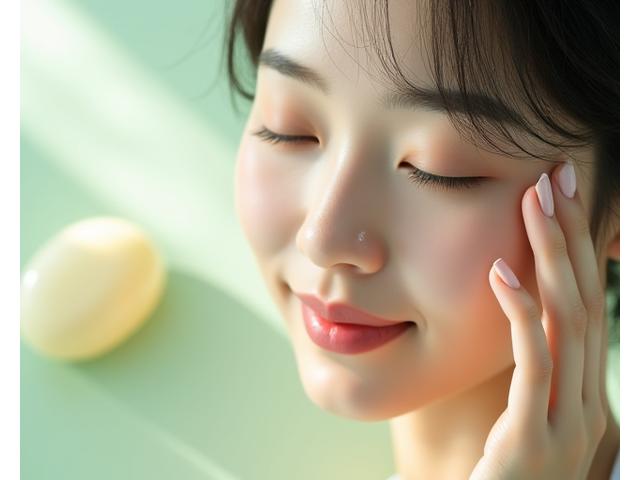 透明感のある肌と優しい泡、敏感肌に優しいスキンケア製品のコンセプトイメージ